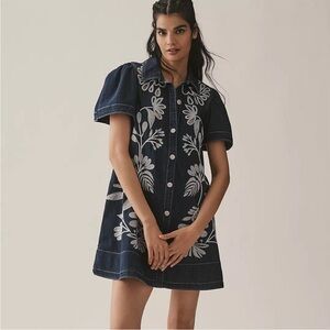 Anthropologie Navy Denim Mini Dress with White Floral Embroidery